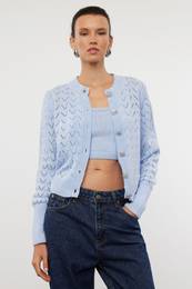 Blue Button Detailed Openwork/Hole Blouse-Cardigan Set