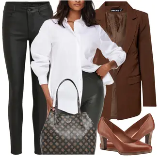Outfit mit Dunkelbraun/Braun Mantel/Blazerjacke/Blazer mit Feder/Blusenblazer/Boyfriend Blazer/Lederjacke/Eleganter Blazer/Longblazer/Oversize Blazer/Lederjacke für Männer Pieces "Stylischer Bürolook"