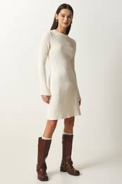 Happiness stanbul Women's Cream Ribbed A-Line Knitwear Dress