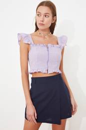 Lilac Fitted Zipper Detailed Gingham Crop Woven Blouse