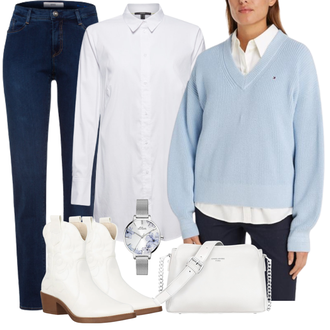 Cowgirl Outfit mit Weiß/Creme/Beige Cowboy Stiefel/Western Stiefelette/CowboyStiefel Elara "Perfekt für den Herbst"Look: Stil, Trendige, Feine, Edel, Cowgirl, Western, Country Styl