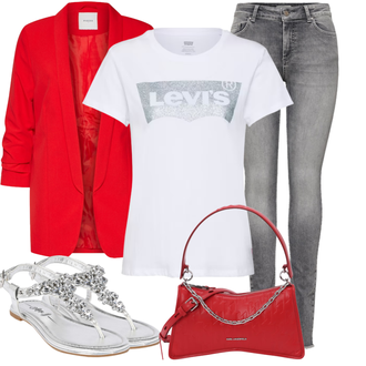 Outfit mit Rot Ballonshirt/Basic Top/Casual Top/Cropped Shirt/Strick Top/Strickshirt/Hemdoberteil/Kurzes Oberteil/Boucle Strickjacke/Rundhals-Strickjacke/Kurze Strickjacke/Kurzarm Strickjacke/Stehkragen-Strickjacke/Sommerstrickjacke/Vintage Strickjacke levi's ® "Cooles Alltagsoutfit"
