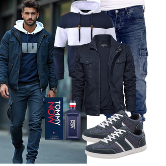 Streetwear Outfit mit Dunkelblau/Weiß/Blau Sport Sweatshirt/Sport Hoodie/Ausgefallener Hoodie/Strick Hoodie Huayuzh "Freizeit Outfit"Look: Boyfriend, Casual, Oversize, Streetwear, Stil, Maritim, Coole, Outdoor, Moderne, Schön