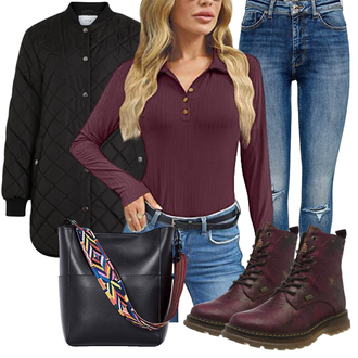Outfit mit Dunkelrot/Bordeaux/Lila Gefütterte Stiefelette/SpringerStiefel/Biker Boot/Leder Stiefelette/Wasserdichter Stiefel/Klassischer Stiefel/SchnürStiefelette Rieker "Modisches Winter Outfit"