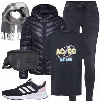 Herbst Outfit mit Dunkelblau/Grau Lederjacke/Biker Jeans/Sportschuhe/Regular-Fit Jeans/Slim Fit Jeans/Leder Schuhe/Sweatjeans/Thermojeans/Herren Lederjacke/Winterjacke/Jeansjacke/Jacke Mit 3/4 Ärmel/Jacke mit Seitlichem Reißverschluss/Merinojacke/Kurze Jeansjacke/Frühlingsjacke/Nachhaltige Jacke/Übergangsjacke/Uniformjacke Noisy may "AC DC"