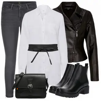 Oversize Kurz Outfit mit Schwarz Chelsea Boot/Lederjacke/Flache Stiefelette/Gummistiefelette About You "Modischer Look für den Herbst"Look: Uni, Schick, Edel, Coole, Oversize, Techno, Unisex, Wetlook