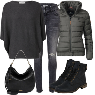 Outfit sa Crna/Plava/TamnoPlava Čizmica Gležnjača na Vezanje/Motociklistička čizma/Klasična čizmica/Podstavljena Gležnjača/Ravna Gležnjača/Borbena Čizma Rieker "Outfit za zimu"