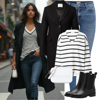 Outfit mit Gelb/Weiß/Dunkelblau StillPullover/Gestreifter Pullover/Pullover Mit V-ausschnitt mylavie by sarah harrison "Winteroutfit"