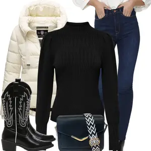 Outfit met Zwart/Wit Cowboy Laars/Cowboylaars/Motorlaars weloveshoes "Outfit voor de winter"