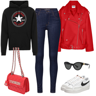 Outfit mit Dunkelblau/Rot/Weiß/Rosa Lederjacke/Low Rise Jean/Low Waist Jean/Push up Jeans/Regular-Fit Jeans/Slim Fit Jeans/Cuir Chaussures/男士皮夹克 levi's ® "Converse Look"