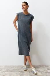 Anthracite Washed/Faded Effect Shift/Straight Cut Knit Dress