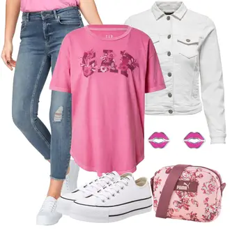 Outfit mit Grau/Creme/Hellgrau/Weiß Mantel/Bluse Große Größe/Crop Jacke/Kurzjacke/Jeansjacke/Shirtjacke/Kurze Jeansjacke/Sommerjacke Only "Outfit für den Frühling"