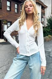 Trend Alaat Stili Women's White V Neck Buttoned Long Sleeve Cardigan