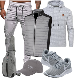 Outfit mit Grau/Khaki/Hellgrau Stoffhose/Freizeithose/Sporthose/Löcherne Hose/Skinny Hose/Bügelfaltenhose/Cargo-Jogginghose/Cargohose Cassiecy "Cooles Outfit"