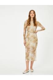 Midi Dress Long Sleeve Crew Neck Draped
