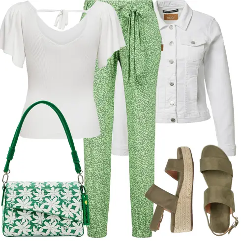 Comment poter Crème/Blanc/Gris Veste Courte/Veste Vintage/Veste Courte/Veste Courte en Jean Only avec Vert Pantalon à Enfiler/Pantalon en Tweed/Pantalon en Jersey/Pantalon en Mousseline/Pantalon en Tissu/Pantalon de Plage/Pantalon de Salon/Pantalon Imprimé Alife and Kickin
