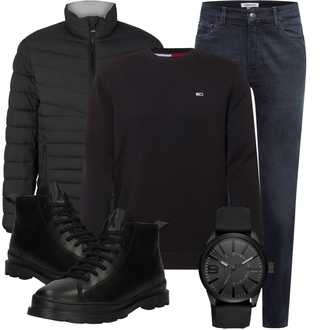Outfit mit Schwarz T-Shirt & Top/Langarm-Shirt/Rollkragenshirt/Sport-Top/Longshirt/Klassische Länge Tommy Jeans "Cooles Winter Outfit"