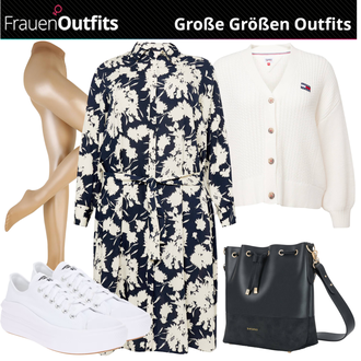 Button Down Outfit mit Weiß/Dunkelblau Kleid Große Größe/Mantel/Tunika Persona by Marina Rinaldi "Perfekt Für Den Frühling"