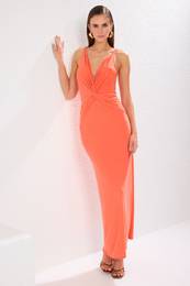 Orange Double Breasted Knitted Long Elegant Evening Dress