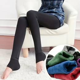 1 Pair Women' Fleece-lined Leggings, Stretchy Knit Fabric, Non-slip Warm Pants, Solid Color, Polyester 70% Polyamide 30%, Machine Washable,