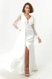 Women's White V-Neck Sleeves Stoned Slit Long Evening Dress