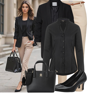 Párty Outfit s Černá/Tmavě šedá Blůza s knoflíčkem/Halenka se Stojatým Límcem/Halenka Slim Fit/Businessová Halenka/Halenka s Dlouhým Rukávem/Žehlení odolná blůza More & More "Stylový look na jaro"Look: Bar, Svátek cukru, Pohřeb, Casino, Koncert, Biřmování, Večeře, Galavečer, Opera, Párty, Škola, Scéna, Firemní večírek, 40. narozeniny