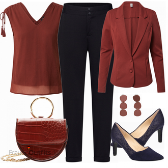 Outfit mit Dunkelrot/Rot/Braun/Bordeaux T-Shirt & Top/Blusenoberteil/Strick Top/Strickshirt/Hemdoberteil/Herrenschuhe/Wickelshirt/Blusenbody/Bluse Oberteil/Bluse Mit Schleife/Crash­bluse/Lederjacke/Verspielte Bluse/Kurzarmbluse/Schluppenbluse VERO MODA "Business Look für Damen"
