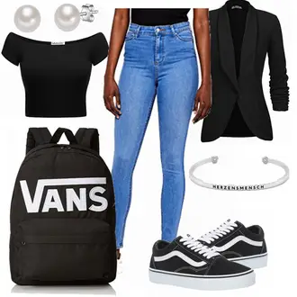Old Skool Outfit mit Schwarz Fitnessschuh/Joggingschuh/Gymnastikschuh/Zehenschuh/Nockenschuh Vans, Schwarz/Creme/Weiß Vans "MERAKI JEANS"