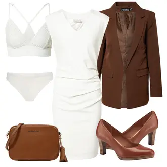 Outfit mit Dunkelbraun/Braun Mantel/Blazerjacke/Blazer mit Feder/Blusenblazer/Boyfriend Blazer/Lederjacke/Eleganter Blazer/Longblazer/Oversize Blazer/Lederjacke für Männer Pieces "Business Look Für Damen"