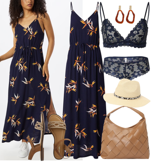 Festlich Outfit mit DunkelBlau/Blau/Creme/Rot Langes Sommerkleid/Maxikleid/Bedrucktes Kleid/Wickelkleid About You "Sommer Look für modische Frauen"Look: Rad, Festlich