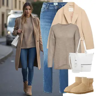 Mini Outfit s Hnědá/Béžová/Khaki Zimní bota/Zimní Kozačka z jehněčí kůže/Plochá Kotníková Bota/Ovčí Kožešinová Bota/Kotníková Bota s Podšívkou/Vycpaná Kozačka/Klasická Kozačka/Zimní kotníková bota UGG "Stylový outfit na jaro"