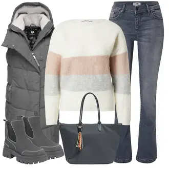 Winter Outfit mit Grau/Hellgrau/Blau/Hellblau/Dunkelblau T-Shirt/Low Waist Jean/Low Rise Jean/Schlaghose Jeans/Straight Leg Jean/Jeans mit Schlitz/Winterjacke LTB "Outfit Für Den Herbst"