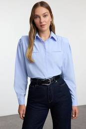 Blue Padding Detail Oversize Wide Pattern Woven Shirt
