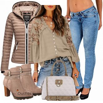 Outfit mit Beige/Khaki/Braun/Grau Spitzenbluse/Offene Bluse/Crash­bluse/Bluse Oberteil/Boho-Bluse Aleumdr "Herbstlicher Look"