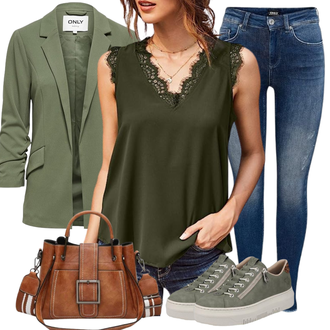 Outfit mit Dunkelgrün/Khaki Crash­bluse/Offene Bluse/Spitzenbluse/Einfarbige Bluse/Bluse Oberteil/Ärmellose Bluse BLENCOT "Schönes Frühlingsoutfit"