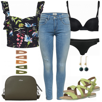 Off Shoulder Outfit mit Schwarz/Rosa/Braun/Blau/Beige Bustier-top/Crop Top Urban Classics "ONLY Jeans"