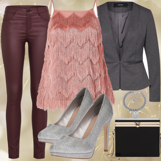 Party Outfits mit Lila/Bordeaux/Rosa/Dunkelrot Lederjacke/Leder Schuhe/Jeans mit Schlitz/Cropped Jeans/Knöchelstiefel/Caprijeans/Thermojeans/Slim Fit Jeans/Herren Lederjacke/Biker Jeans/Lederimitathose/Lederhose/Skinny Hose/Leggings Lederoptik/Lederlegging/Jeggings/Treggings Vila "Redparty"