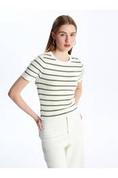 Crew Neck Striped Short Sleeve Women's Knitwear Sweater