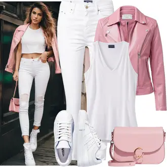 Bewerbungsoutfits Sommer mit Weiß/Creme Schmaler Sneaker/Sneaker Low/Plateau-Sneaker/Leder Sneaker BLACKSTONE, Weiß/Creme Lederjacke/Damen 7/8-Länge Jeans/Knöchelstiefel/Biker Jeans/Caprijeans/Cropped Jeans/High Waist Jeans/Jeans mit Schlitz/Push up Jeans/Slim Fit Jeans/Leder Schuhe Only, Rosa Jacke LRWEY, Creme/Weiß Tank Top/Herrenschuhe/Ärmelloses Shirt/Graphics T-Shirt/Klassische Länge/Sport-Tanktop Mustang "Cool Casual Style"