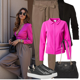 viskóza Outfit sa Bež/Smeđa/Kaki Hlača Velika Veličina VERO MODA "Proljetni Outfit"