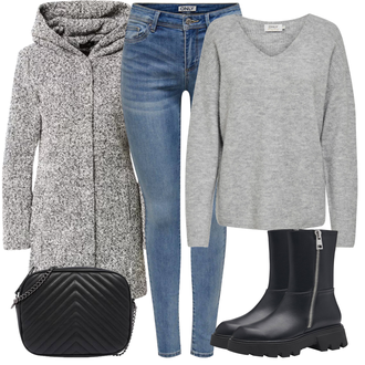 Wasserfall-Ausschnitt Outfit mit Grau/Dunkelgrau/Hellgrau Bouclé Mantel/Kapuzenmantel/Strickfleece Mantel/Strickmantel/Tweed Mantel/Wollfleece Mantel/Wintermantel Wollmantel Only "Winter outfit"