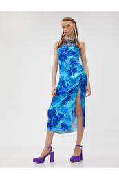 Floral Slit Midi Dress with Cross Back Thin Straps Straight Collar