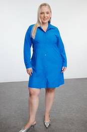 Curve Blue Non-Revealing Woven Plus Size Shirt Dress