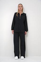 Trend Alaat Stili Women's Black Polo Collar Zippered Jacket and Trousers Set