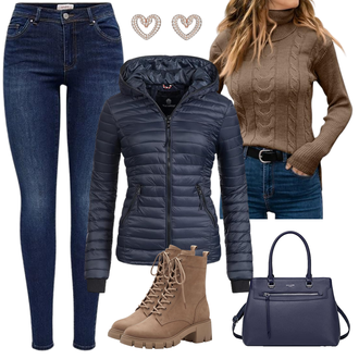Urlaub Outfits Old Money mit Dunkelblau/Blau Knöchelstiefel/Jeans mit Schlitz/Low Waist Jean/Schlupfjeans/Slim Fit Jeans/Low Rise Jean/Thermojeans/High Waist Jeans/Winterjacke/Leder Schuhe/Push up Jeans Only "Super Herbstlook"Look: Nahtlos, Old Money, Coole, Schlichte, Disco, Schön
