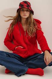 Trend Alaat Stili Women's Red Hoodie with Zipper Front Double Pocket Oversized Plush Sweatshirt