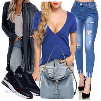 Schicke Outfits Coole mit Blau/Fliederfarben/Hellblau Push up Jeans/Jeans mit Schlitz/Jeans mit Loch/Lederjacken Elara "Schickes Sommer Outfit"Look: Egirl, Trendige, Coole, Schön, Nahtlos, Disco