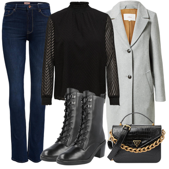 Winter Outfit mit Blau/Dunkelblau/Hellblau T-Shirt/Low Rise Jean/Leder Schuhe/Lederjacke/Slim Fit Jeans/Thermojeans/Jeans mit Schlitz/Low Waist Jean/Push up Jeans/Straight Leg Jean/Winterjacke Only "Winter Outfit"