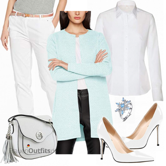 Lack Outfit mit Weiß/Creme/Rot Slingback Pumps/Eleganter Schuh/Business-Schuh/Slingpump/High Heel/Bequemer Pump/Hochfrontpump/High Heel Pumps AOOAR "Vila Cardigan"Look: Lack, Büro, Elegant, Glamourös, Schick, Old Money, Burlesque, Edel, Coole