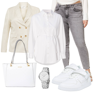 Jeans Outfits mit Creme/Beige/Weiß/Khaki Mantel/Anzug Lederjacke/Zweireiher Blazer guido maria kretschmer curvy "Klassisches Outfit"